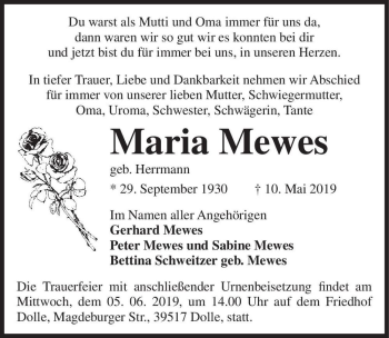 Traueranzeige von Maria Mewes (geb. Herrmann)  von Magdeburger Volksstimme