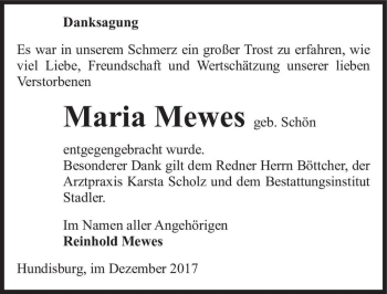 Traueranzeige von Maria Mewes (geb. Schön)  von Magdeburger Volksstimme