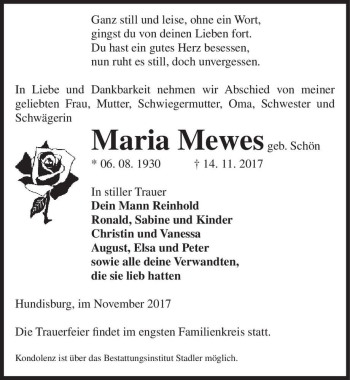 Traueranzeige von Maria Mewes (geb. Schön)  von Magdeburger Volksstimme