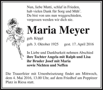 Traueranzeige von Maria Meyer (geb. Köppl)  von Magdeburger Volksstimme