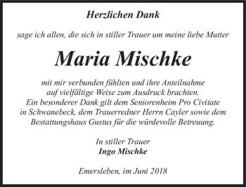 Traueranzeige von Maria Mischke  von Magdeburger Volksstimme