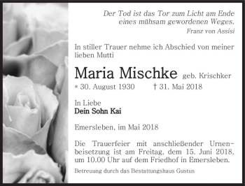 Traueranzeige von Maria Mischke (geb. Krischker)  von Magdeburger Volksstimme