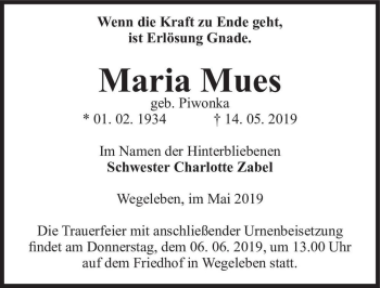 Traueranzeige von Maria Mues (geb. Piwonka)  von Magdeburger Volksstimme