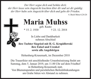 Traueranzeige von Maria Muhss (geb. Kautz)  von Magdeburger Volksstimme