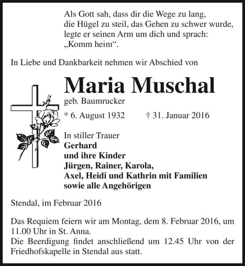  Traueranzeige für Maria Muschal (geb. Baumrucker)  vom 03.02.2016 aus Magdeburger Volksstimme
