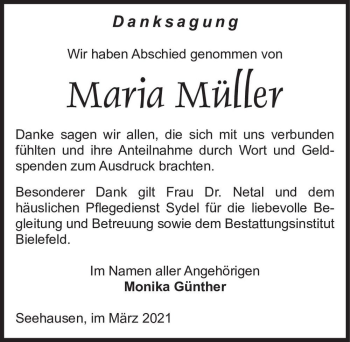 Traueranzeige von Maria Müller  von Magdeburger Volksstimme