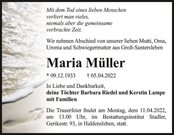 Traueranzeige von Maria Müller  von Magdeburger Volksstimme