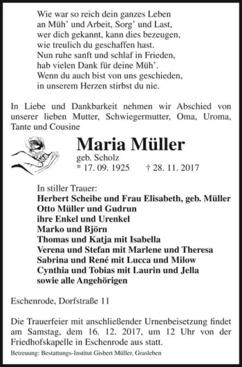 Traueranzeige von Maria Müller (geb. Scholz)  von Magdeburger Volksstimme
