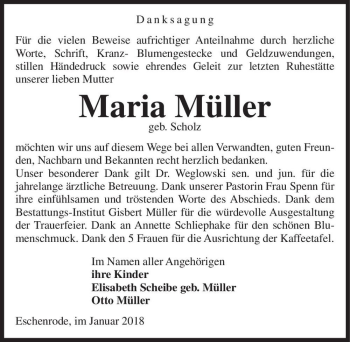 Traueranzeige von Maria Müller (geb. Scholz)  von Magdeburger Volksstimme