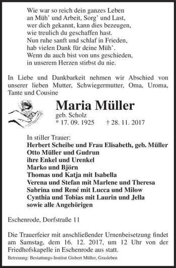 Traueranzeige von Maria Müller (geb. Scholz)  von Magdeburger Volksstimme