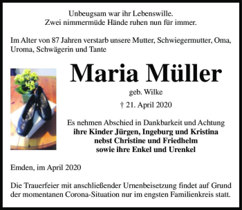 Traueranzeige von Maria Müller (geb. Wilke)  von Magdeburger Volksstimme