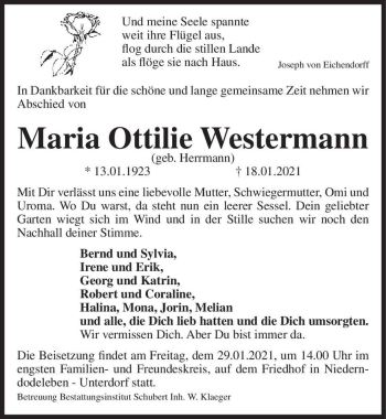 Traueranzeige von Maria Ottilie Westermann (geb. Herrmann)  von Magdeburger Volksstimme
