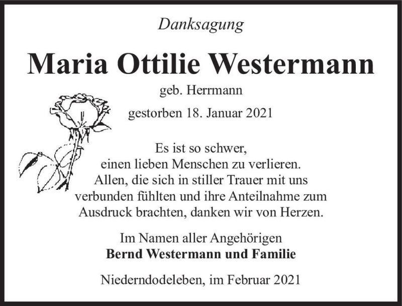  Traueranzeige für Maria Ottilie Westermann (geb. Herrmann)  vom 13.02.2021 aus Magdeburger Volksstimme