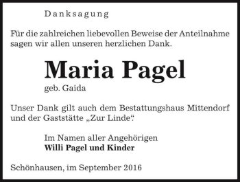 Traueranzeige von Maria Pagel (geb. Gaida)  von Magdeburger Volksstimme