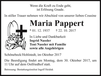 Traueranzeige von Maria Pappert  von Magdeburger Volksstimme