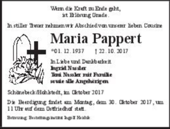 Traueranzeige von Maria Pappert  von Magdeburger Volksstimme