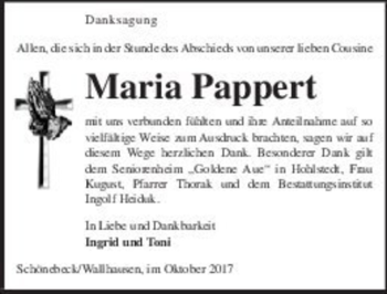 Traueranzeige von Maria Pappert  von Magdeburger Volksstimme