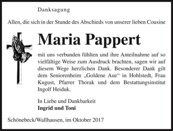 Traueranzeige von Maria Pappert  von Magdeburger Volksstimme