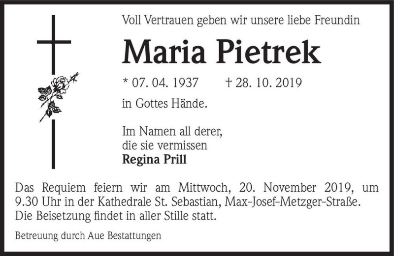 Traueranzeige für Maria Pietrek  vom 09.11.2019 aus Magdeburger Volksstimme
