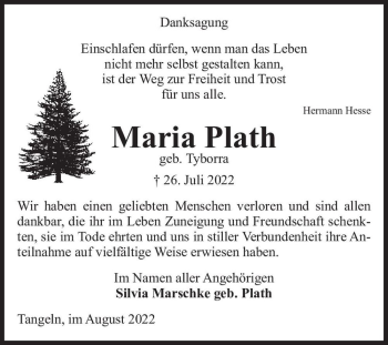 Traueranzeige von Maria Plath (geb. Tyborra)  von Magdeburger Volksstimme