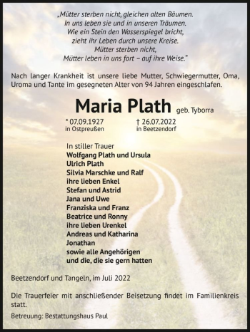 Traueranzeige von Maria Plath (geb. Tyborra)  von Magdeburger Volksstimme