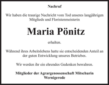 Traueranzeige von Maria Pönitz  von Magdeburger Volksstimme