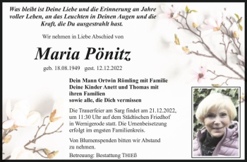 Traueranzeige von Maria Pönitz  von Magdeburger Volksstimme