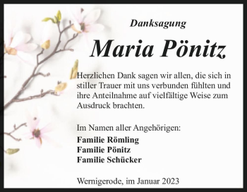 Traueranzeige von Maria Pönitz  von Magdeburger Volksstimme