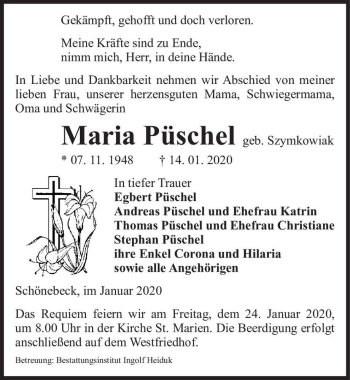 Traueranzeige von Maria Püschel (geb. Szymkowiak)  von Magdeburger Volksstimme