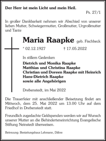 Traueranzeige von Maria Raapke (geb. Fischbeck)  von Magdeburger Volksstimme