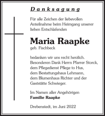 Traueranzeige von Maria Raapke (geb. Fischbeck)  von Magdeburger Volksstimme