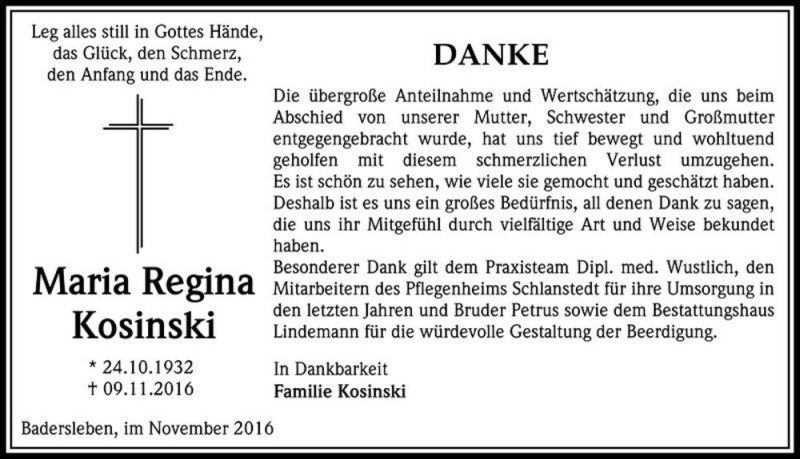  Traueranzeige für Maria Regina Kosinski  vom 10.12.2016 aus Magdeburger Volksstimme