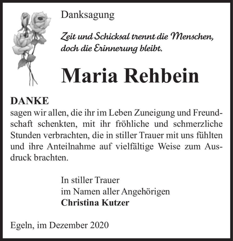  Traueranzeige für Maria Rehbein  vom 09.12.2020 aus Magdeburger Volksstimme
