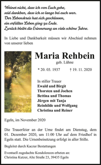 Traueranzeige von Maria Rehbein (geb. Lühne)  von Magdeburger Volksstimme