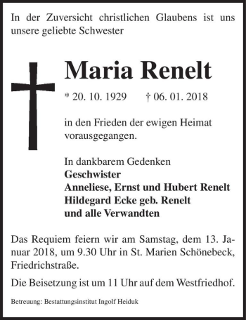 Traueranzeige von Maria Renelt  von Magdeburger Volksstimme