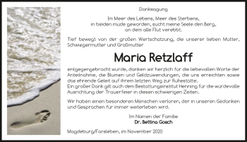 Traueranzeige von Maria Retzlaff  von Magdeburger Volksstimme