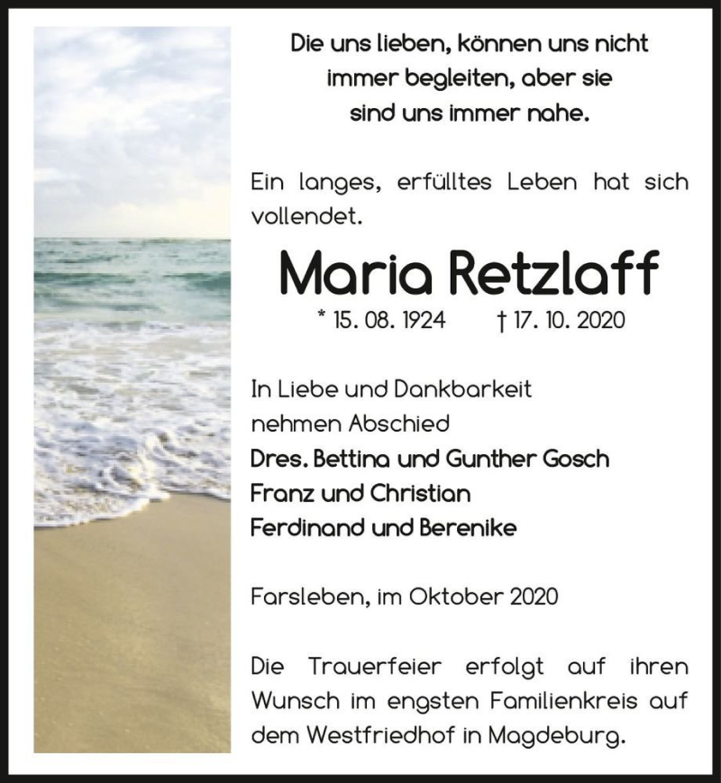  Traueranzeige für Maria Retzlaff  vom 24.10.2020 aus Magdeburger Volksstimme