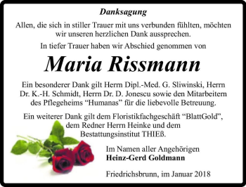 Traueranzeige von Maria Rissmann  von Magdeburger Volksstimme