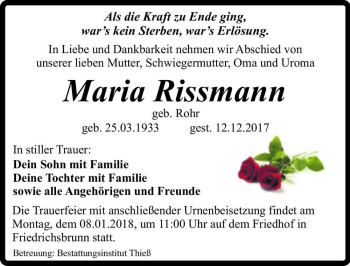 Traueranzeige von Maria Rissmann (geb. Rohr)  von Magdeburger Volksstimme