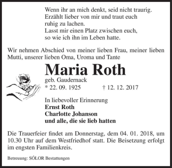 Traueranzeige von Maria Roth (geb. Gaudernack)  von Magdeburger Volksstimme