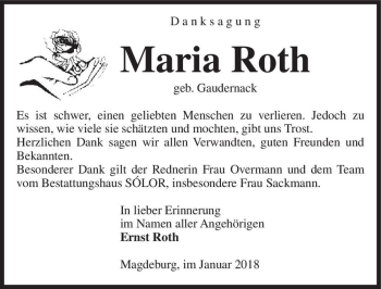 Traueranzeige von Maria Roth (geb. Gaudernack)  von Magdeburger Volksstimme