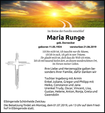 Traueranzeige von Maria Runge (geb. Dornecker)  von Magdeburger Volksstimme