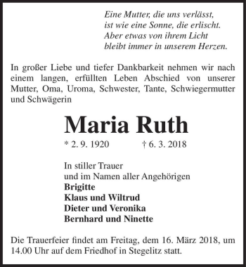 Traueranzeige von Maria Ruth  von Magdeburger Volksstimme
