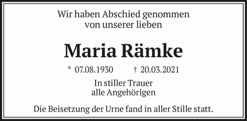  Traueranzeige für Maria Rämke  vom 17.04.2021 aus Magdeburger Volksstimme