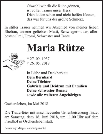 Traueranzeige von Maria Rütze  von Magdeburger Volksstimme