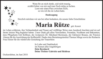 Traueranzeige von Maria Rütze (geb. Kunert)  von Magdeburger Volksstimme