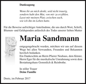 Traueranzeige von Maria Sandmann  von Magdeburger Volksstimme