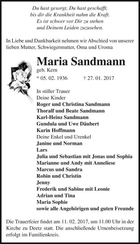  Traueranzeige für Maria Sandmann (geb. Kern)  vom 04.02.2017 aus Magdeburger Volksstimme