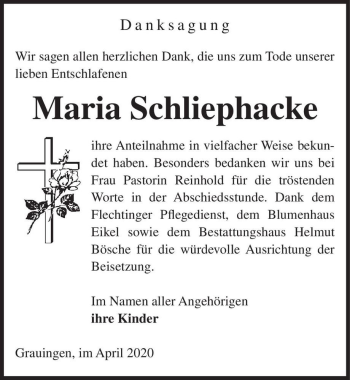 Traueranzeige von Maria Schliephacke  von Magdeburger Volksstimme