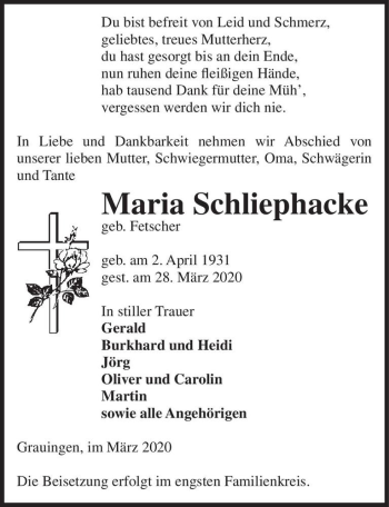 Traueranzeige von Maria Schliephacke (geb. Fetscher)  von Magdeburger Volksstimme
